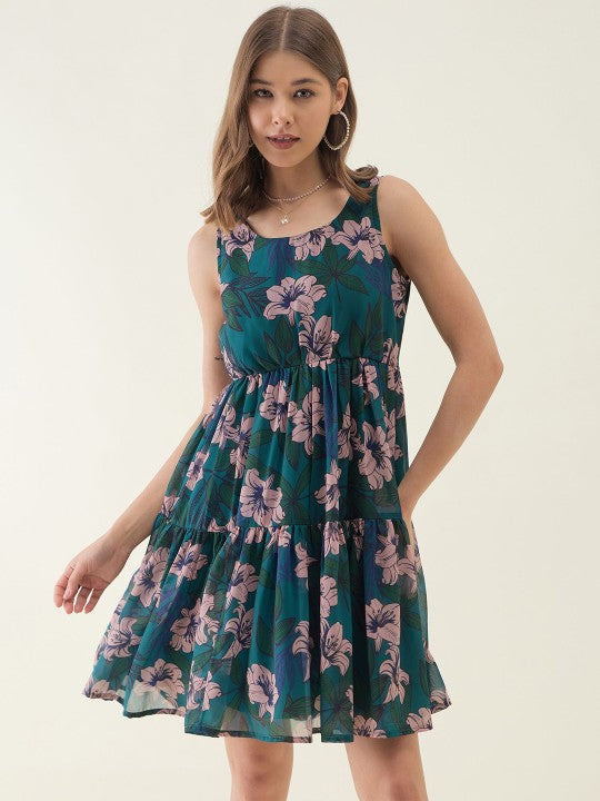 Women’s Teal Green Floral Printed Sleeveless Fit & Flare Dress | Summer Casual Wear