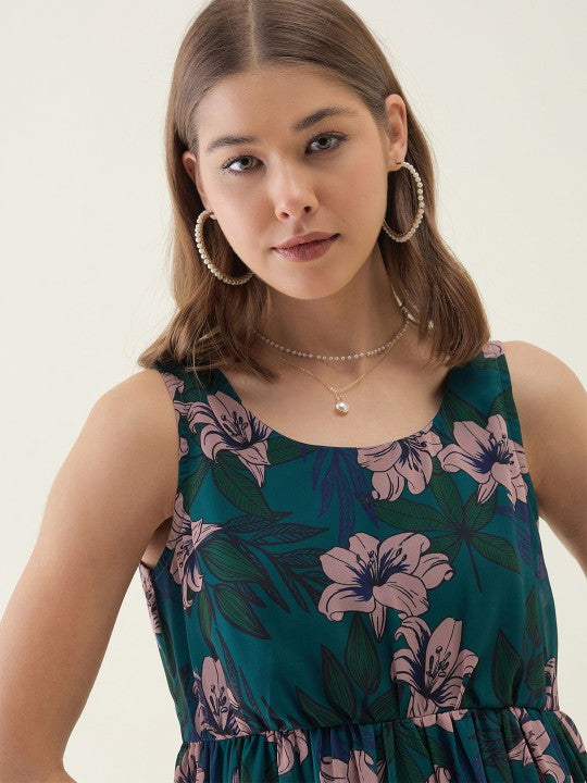 Women’s Teal Green Floral Printed Sleeveless Fit & Flare Dress | Summer Casual Wear