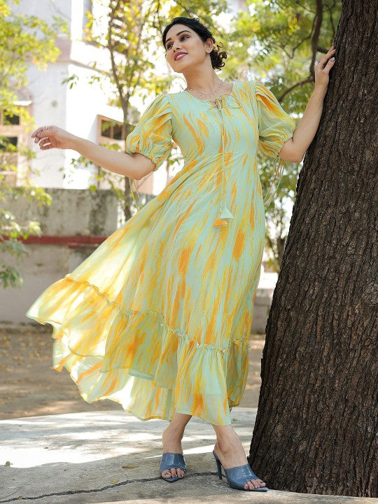 Women’s Mint Green & Yellow Printed Maxi Dress | Puff Sleeve Fit & Flare Summer Wear