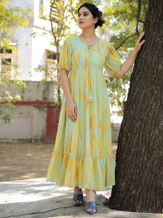 Women’s Mint Green & Yellow Printed Maxi Dress | Puff Sleeve Fit & Flare Summer Wear