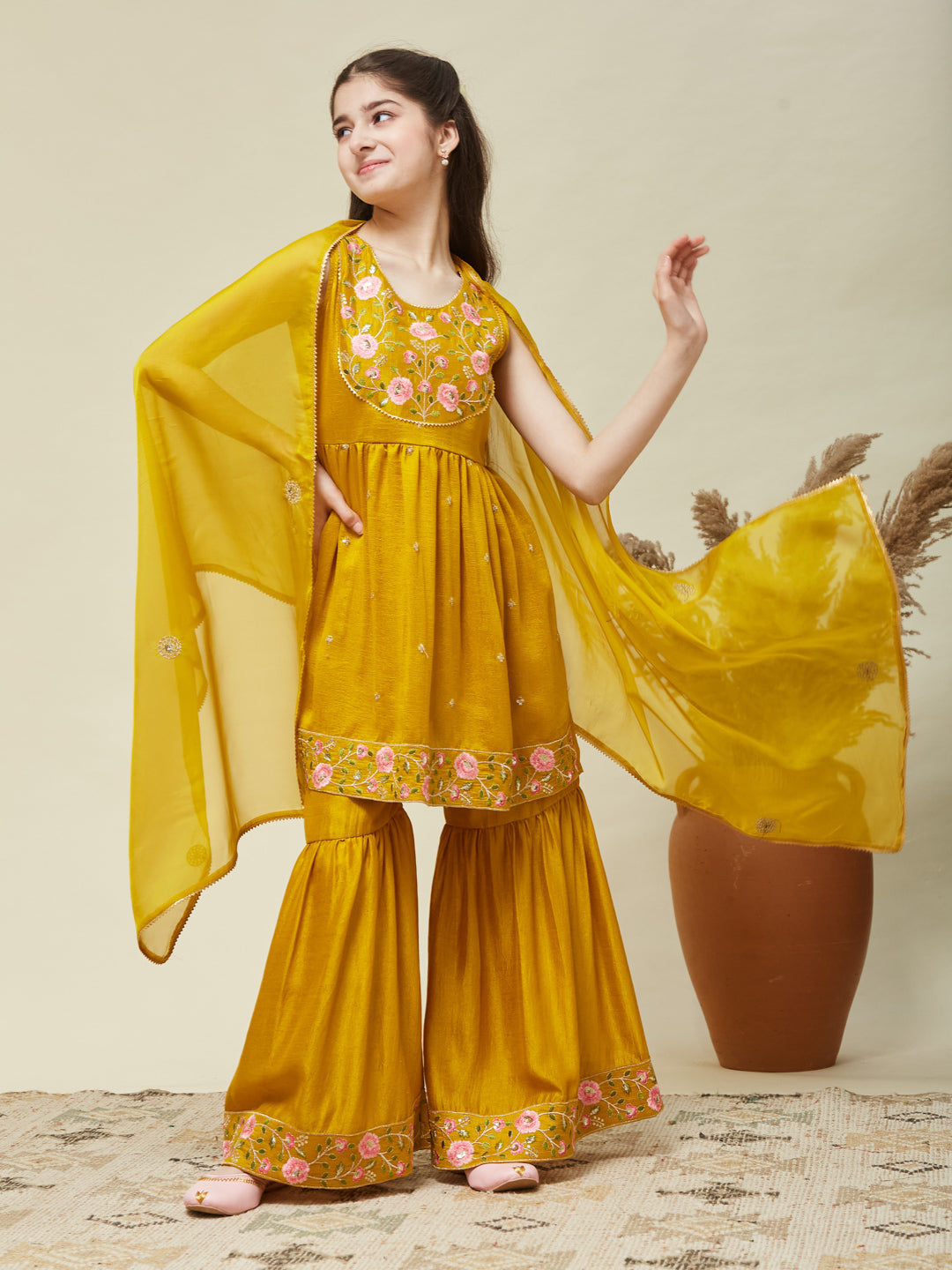 Girls Silk Embroidered Kurta And Sharara Set With Dupatta