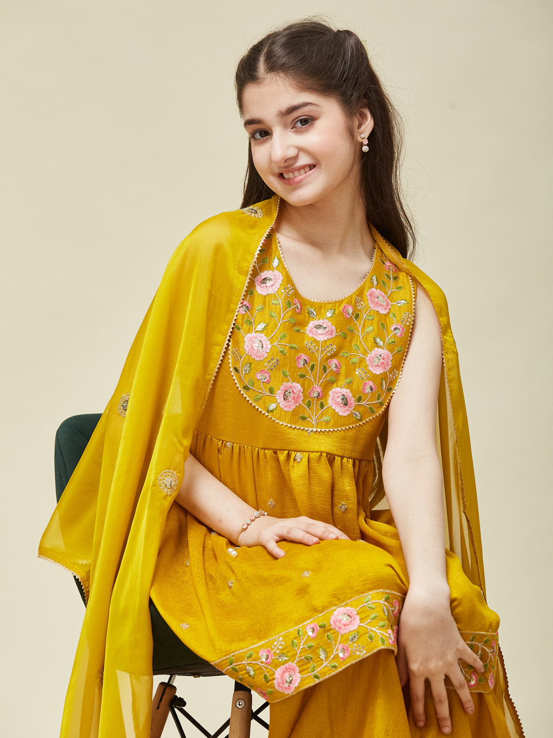 Girls Silk Embroidered Kurta And Sharara Set With Dupatta