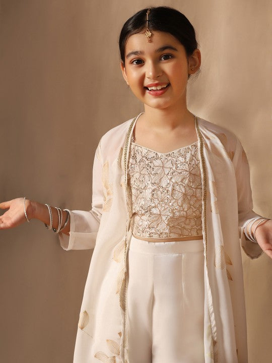 Girls off white sweetheart neck embroidered georgette top with palazzo & shrug