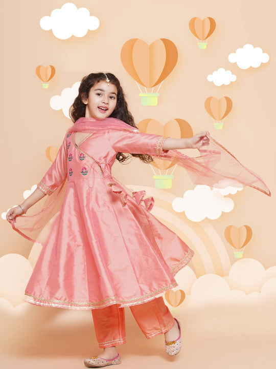 🩷 Girls Peach Embroidered Kurti Pant Set with Dupatta – Festive Ethnic Wear