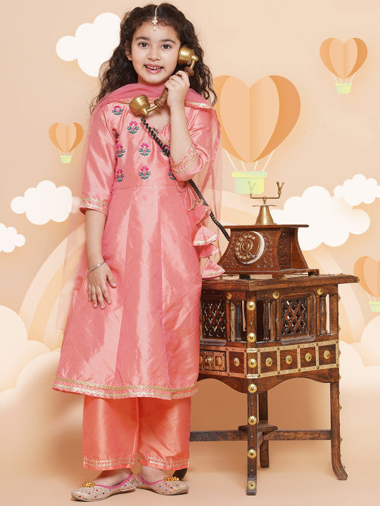 🩷 Girls Peach Embroidered Kurti Pant Set with Dupatta – Festive Ethnic Wear