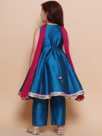 💙 Girls Teal Blue Embroidered Kurti Pant Set with Dupatta – Festive Ethnic Wear