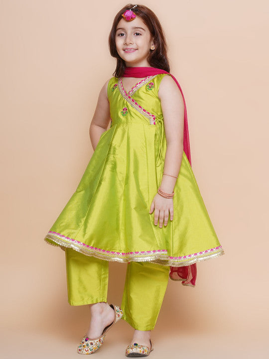 💚 Girls Lime Green Embroidered Kurti Pant Set with Dupatta – Festive Ethnic Wear