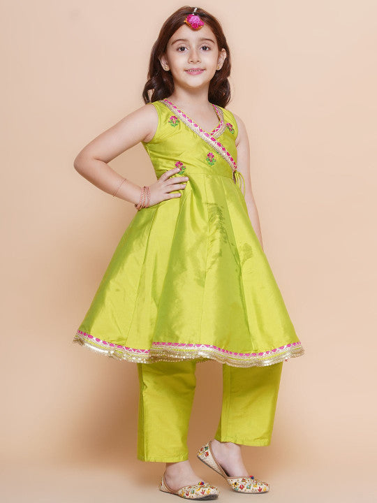 💚 Girls Lime Green Embroidered Kurti Pant Set with Dupatta – Festive Ethnic Wear