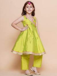💚 Girls Lime Green Embroidered Kurti Pant Set with Dupatta – Festive Ethnic Wear