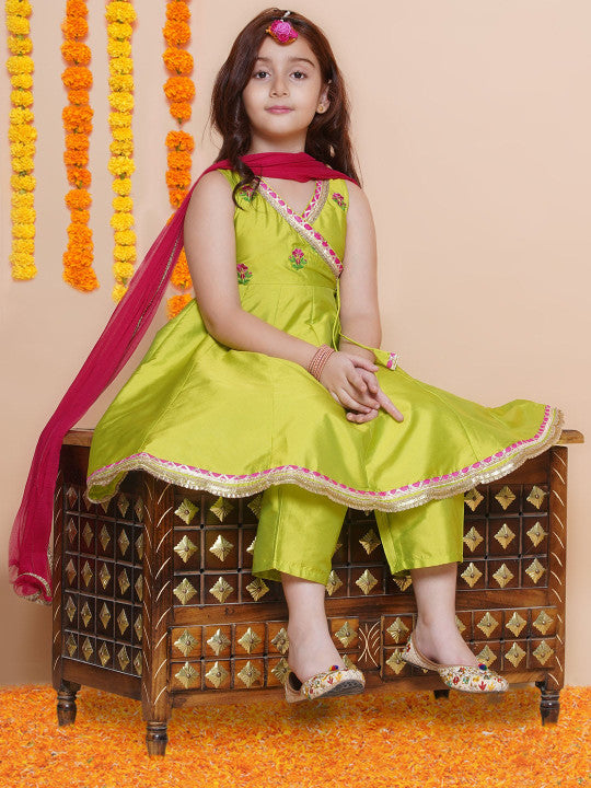 💚 Girls Lime Green Embroidered Kurti Pant Set with Dupatta – Festive Ethnic Wear