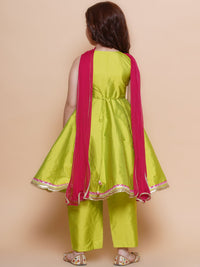 💚 Girls Lime Green Embroidered Kurti Pant Set with Dupatta – Festive Ethnic Wear