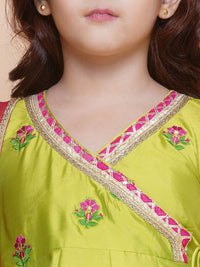 💚 Girls Lime Green Embroidered Kurti Pant Set with Dupatta – Festive Ethnic Wear
