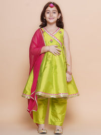 💚 Girls Lime Green Embroidered Kurti Pant Set with Dupatta – Festive Ethnic Wear