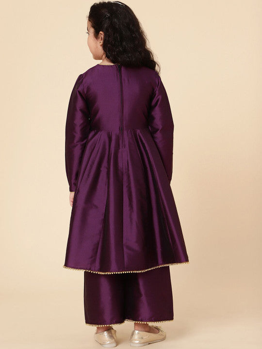 💜 Girls Wine Purple Flared Kurti Pant Set with Dupatta – Festive Ethnic Wear