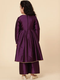 💜 Girls Wine Purple Flared Kurti Pant Set with Dupatta – Festive Ethnic Wear