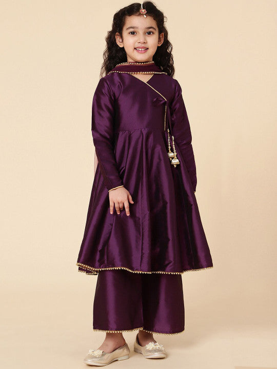 💜 Girls Wine Purple Flared Kurti Pant Set with Dupatta – Festive Ethnic Wear