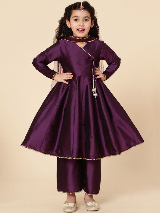 💜 Girls Wine Purple Flared Kurti Pant Set with Dupatta – Festive Ethnic Wear