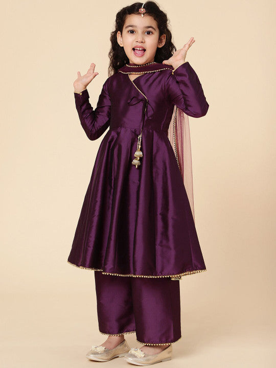 💜 Girls Wine Purple Flared Kurti Pant Set with Dupatta – Festive Ethnic Wear