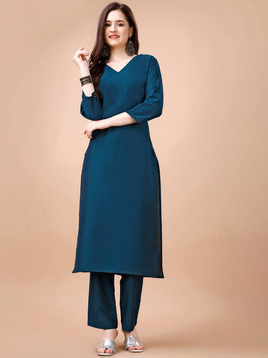 Noor Vastr Minimal Teal Blue Straight Kurta Pant Set