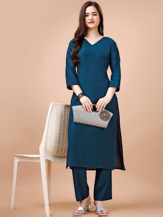 Noor Vastr Minimal Teal Blue Straight Kurta Pant Set