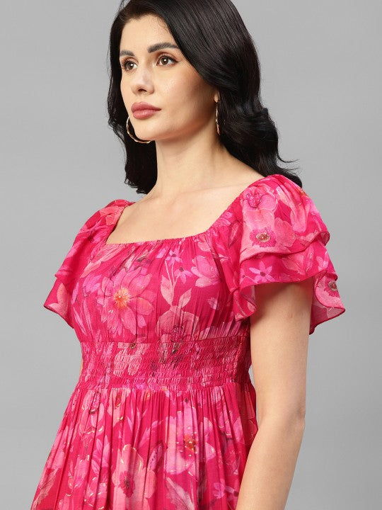 Pink Floral Smocked Fit & Flare Mini Dress – Trendy Summer Wear